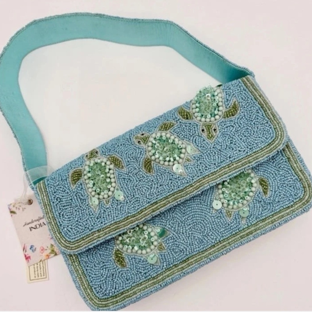Aqua Beaded Shoulder Bag with Turtle Design